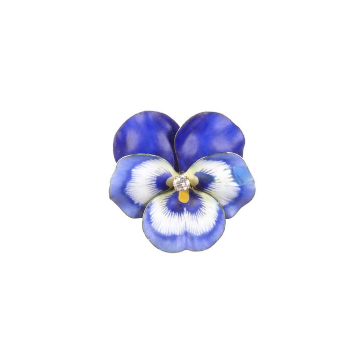 Antique blue enamel and diamond pansy brooch